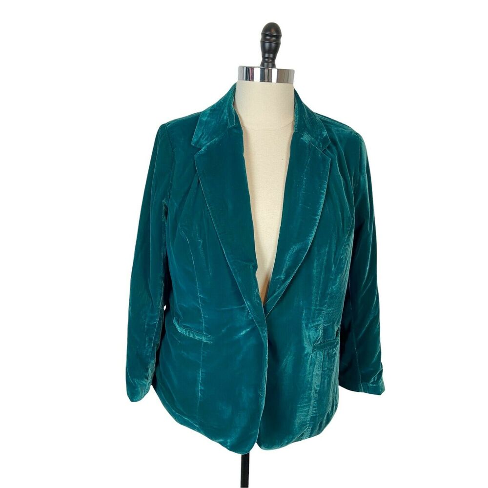 Jessica London Blazer Womens Green Velvet Long Sleeve Collared Classic 18 NWOT